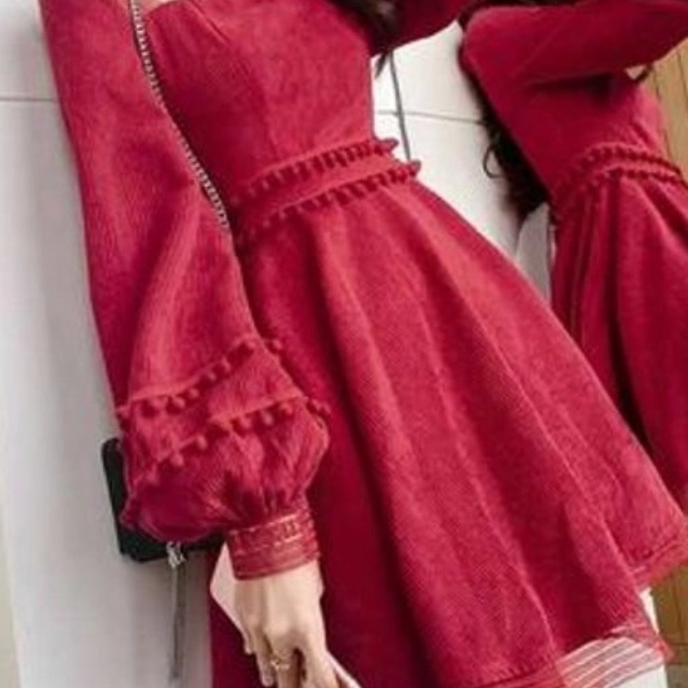 Adorable A-Line Red Corduroy Dress with Pom Pom and Lace Trim. Size XS